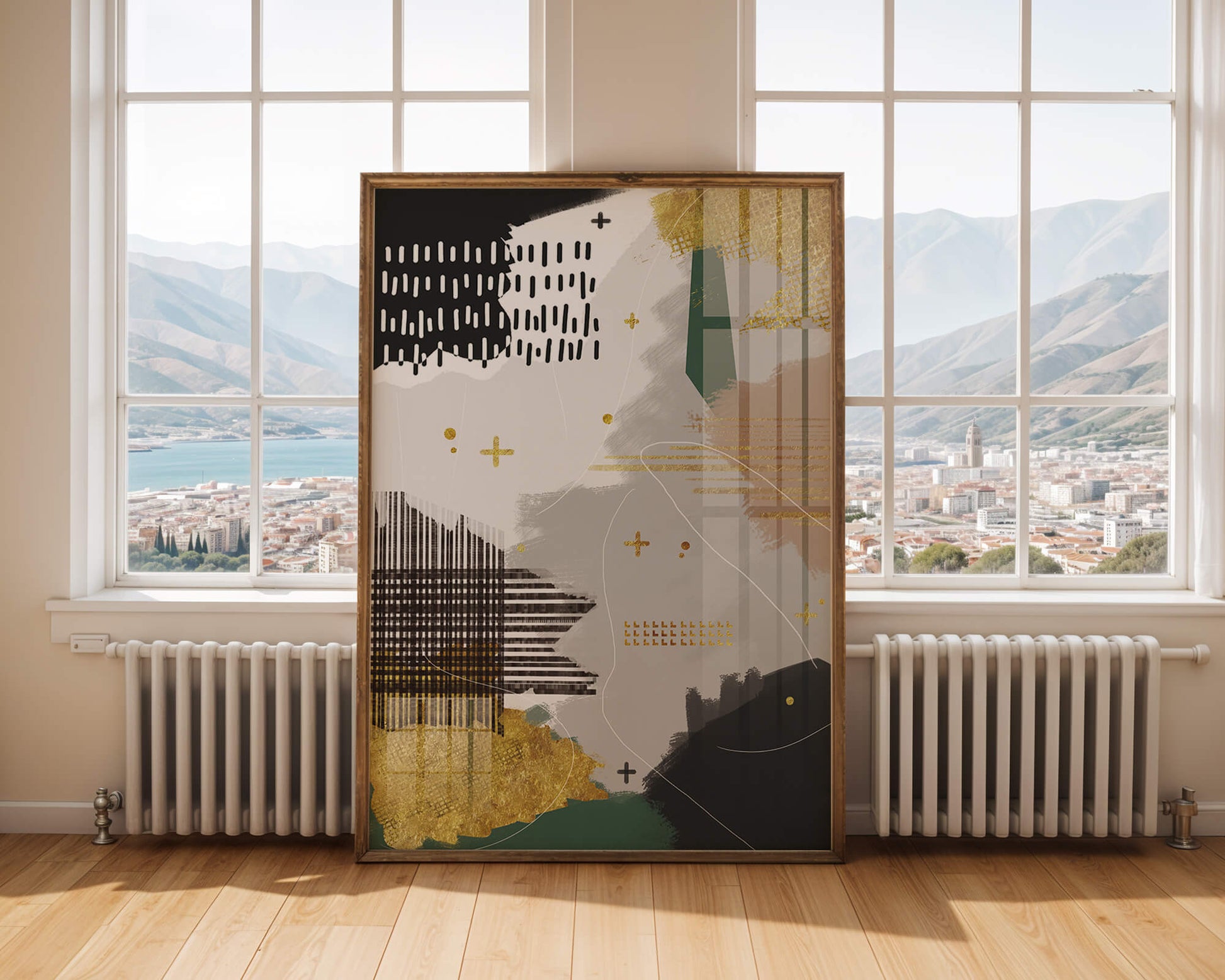 Abstract mixed media art with gold and geometric patterns