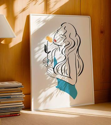 Stylized illustration of a woman with a flower and abstract elements