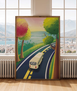 Scenic Road Trip with Vibrant Trees and Sunset