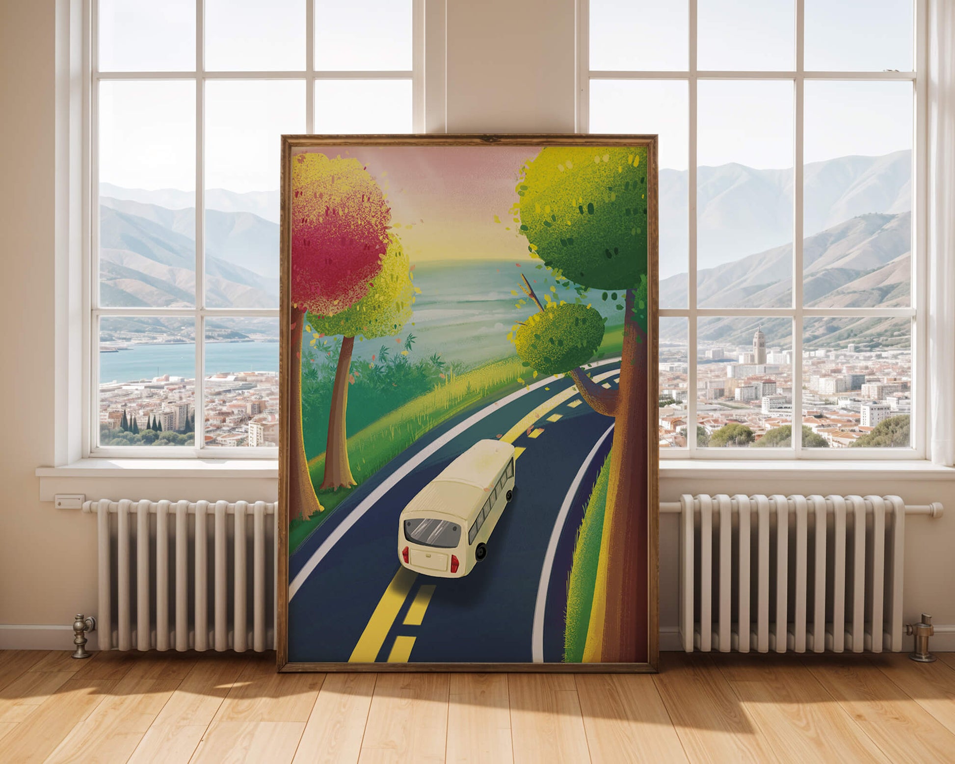 Scenic Road Trip with Vibrant Trees and Sunset