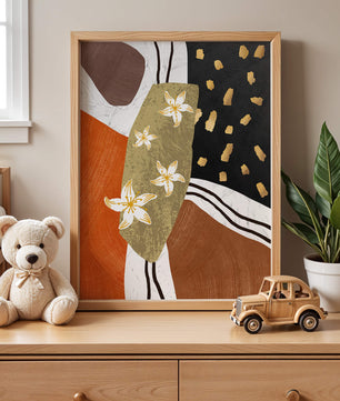 Abstract floral artwork with gold accents and earthy tones