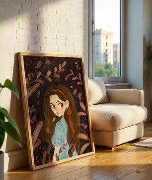 Ilustración elegante de una chica rodeada de follaje abstracto