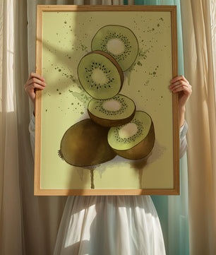 Watercolor illustration of sliced kiwi fruit with splashes