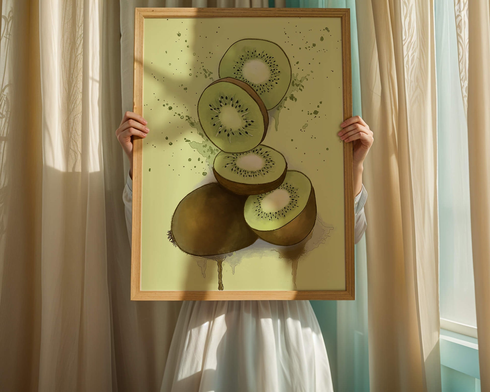 Watercolor illustration of sliced kiwi fruit with splashes
