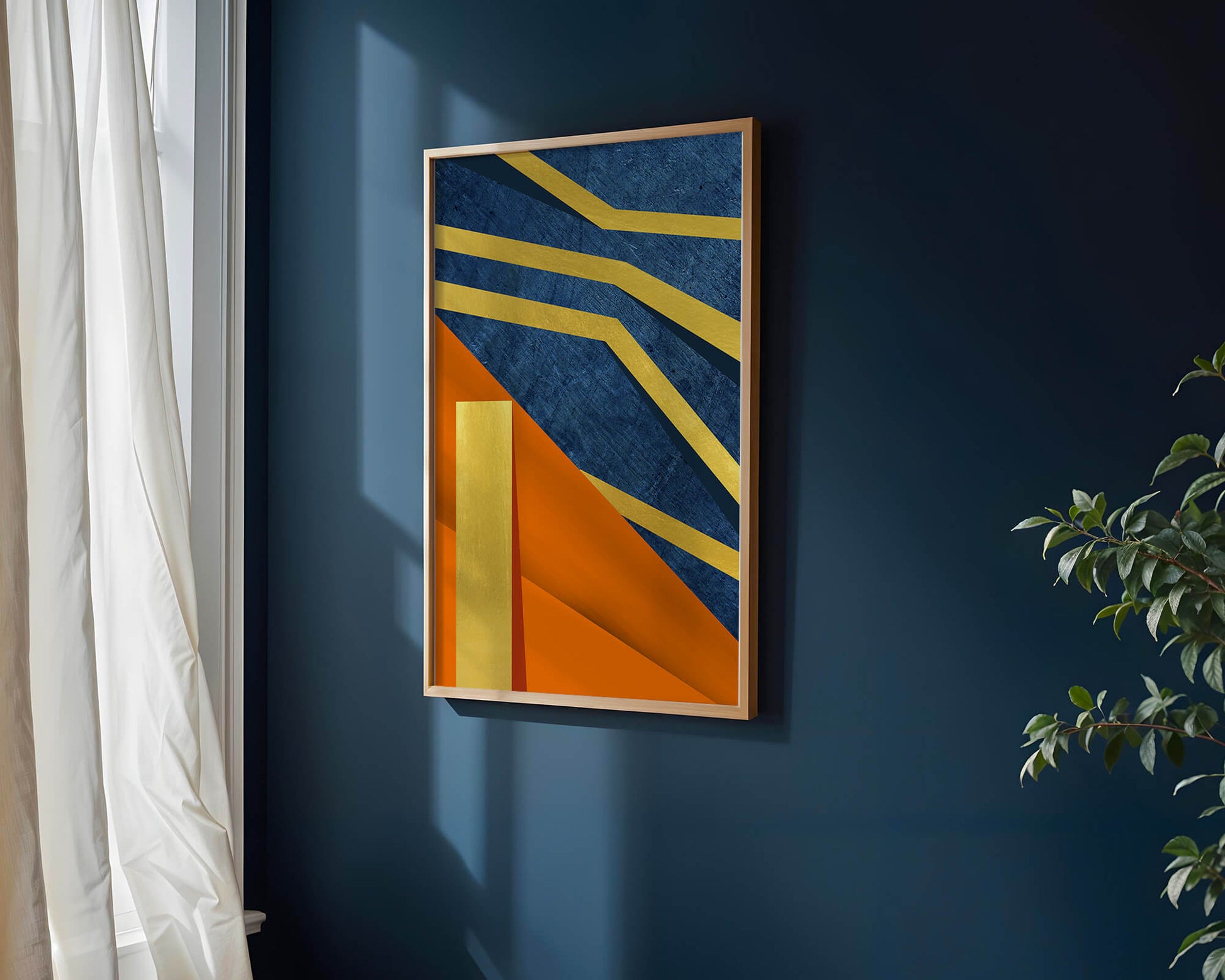 Composición geométrica abstracta con elementos dorados, azules y naranjas