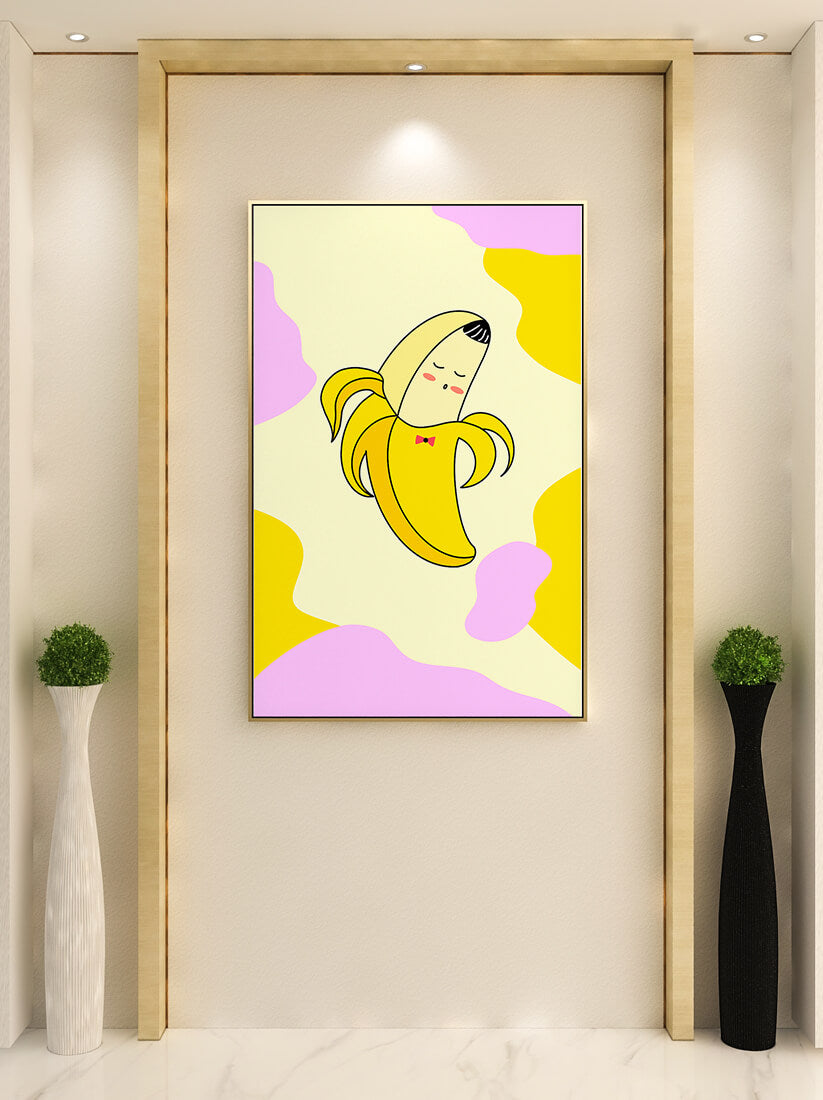 Quirky animated banana with bow tie on colorful abstract background