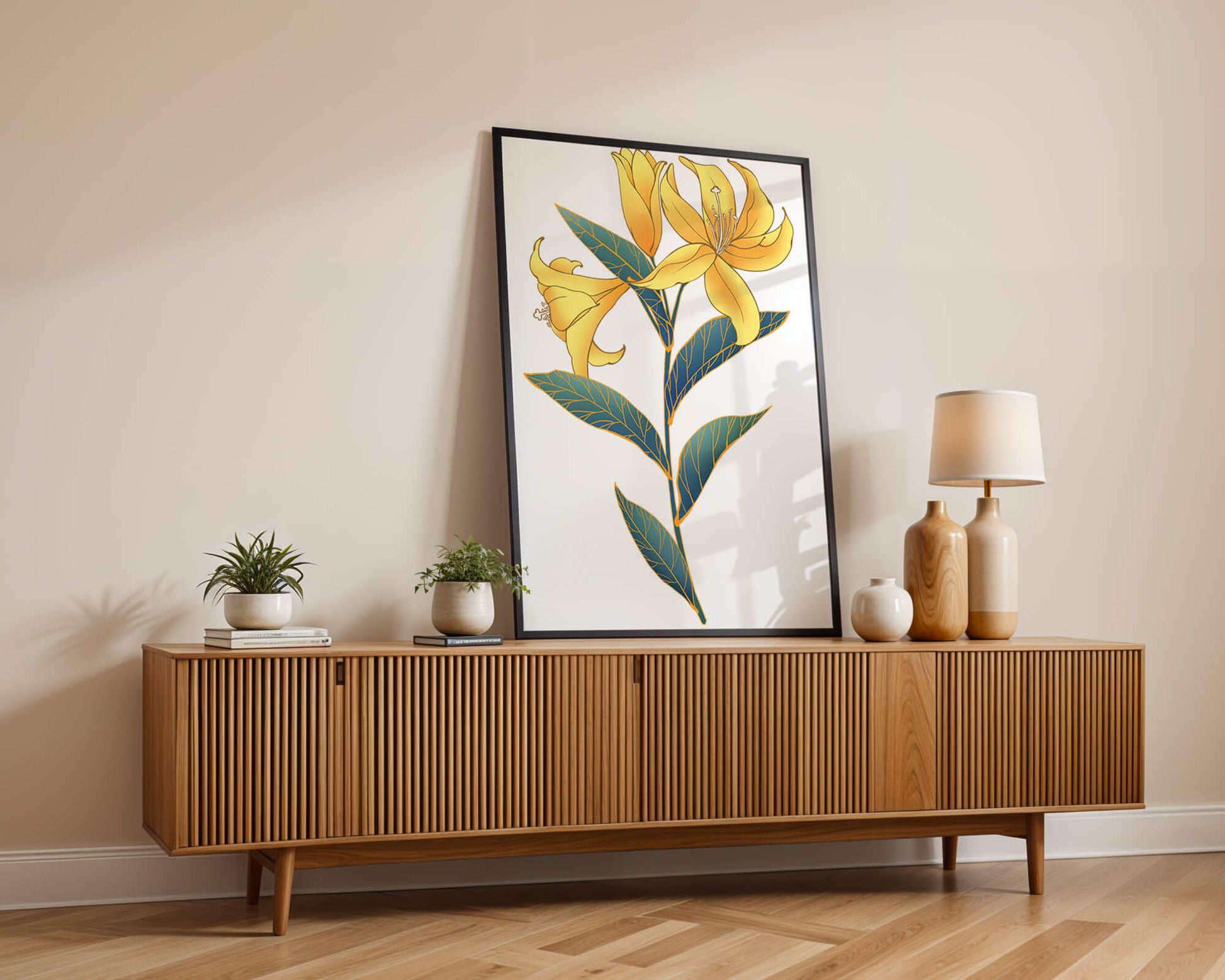 Elegant golden lily illustration with intricate leaf details