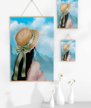Woman with straw hat and mountain view under blue sky