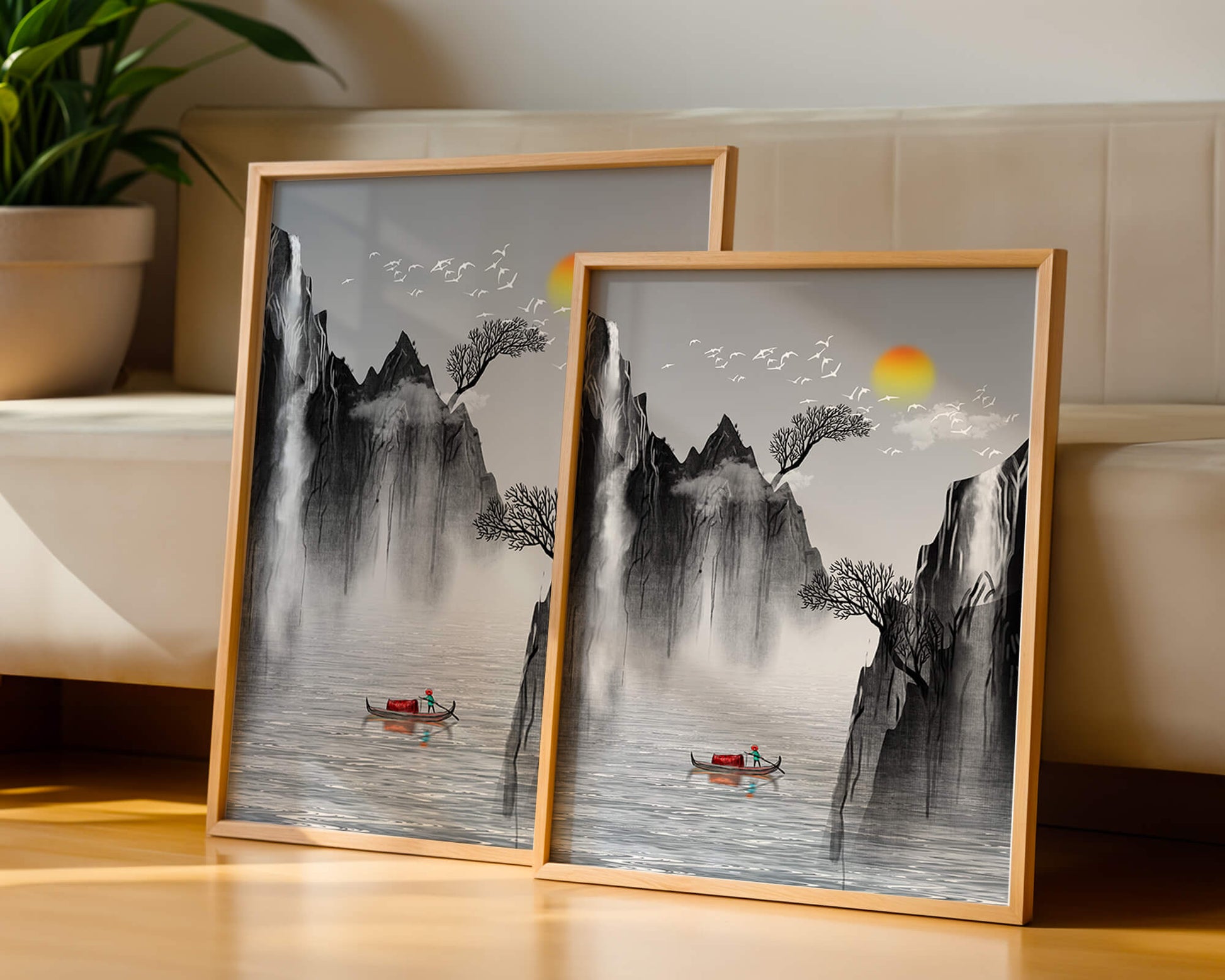 Serene landscape with mountains, river, and a boat under the sun