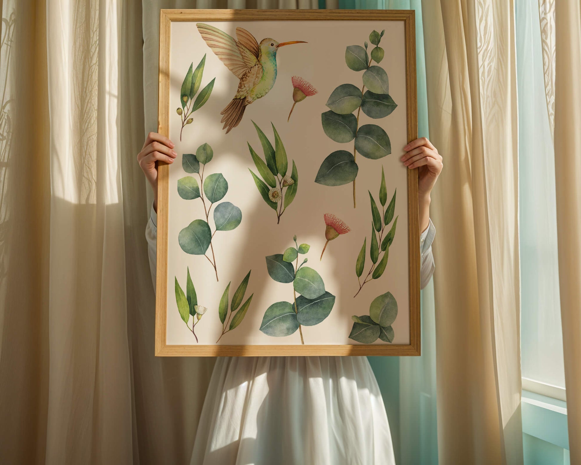 Watercolor hummingbird and eucalyptus leaves illustration