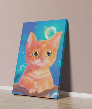 Adorable orange kitten illustration with bubbles and a colorful background