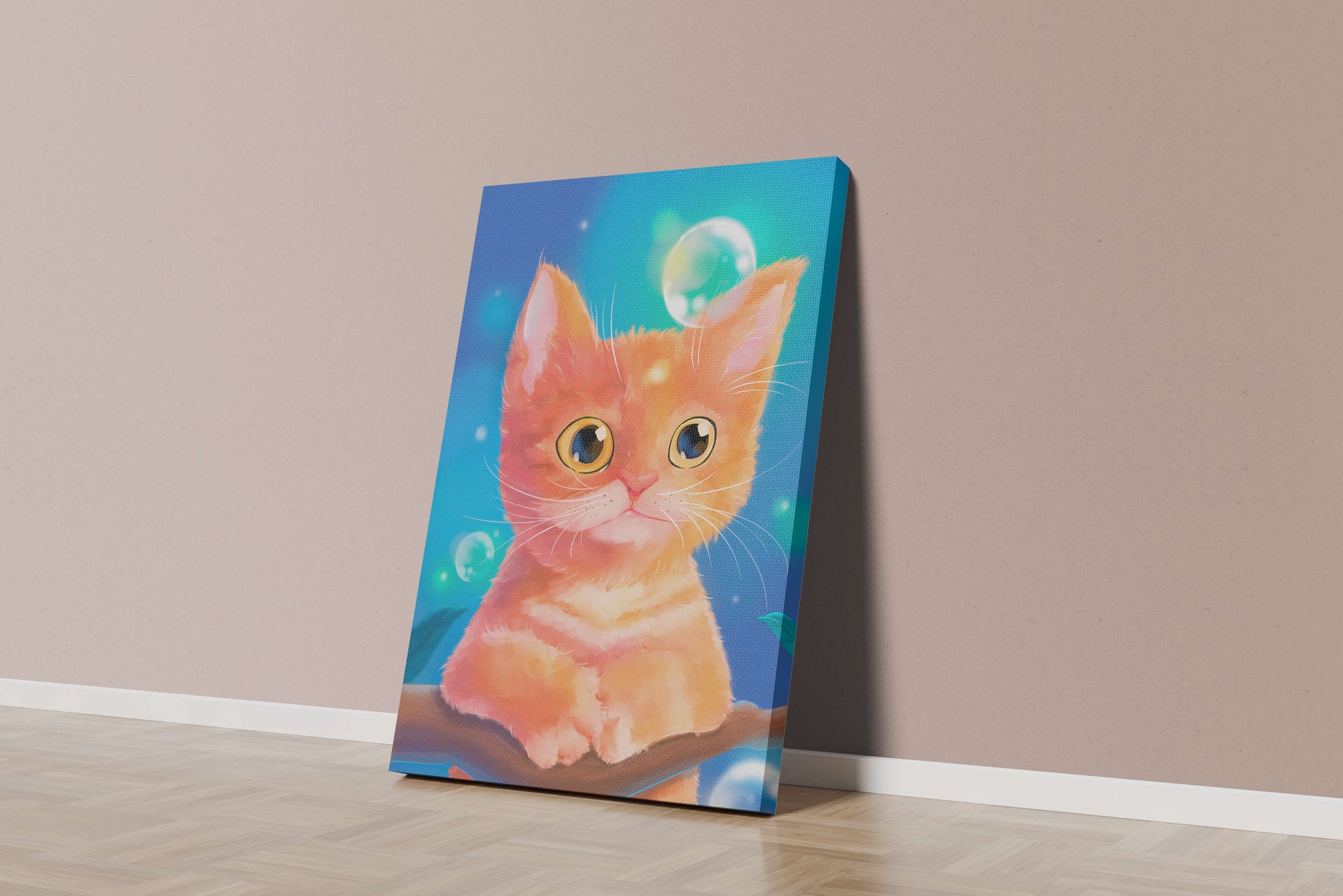 Adorable orange kitten illustration with bubbles and a colorful background