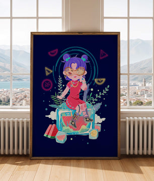 Personnage de dessin animé coloré avec des éléments futuristes