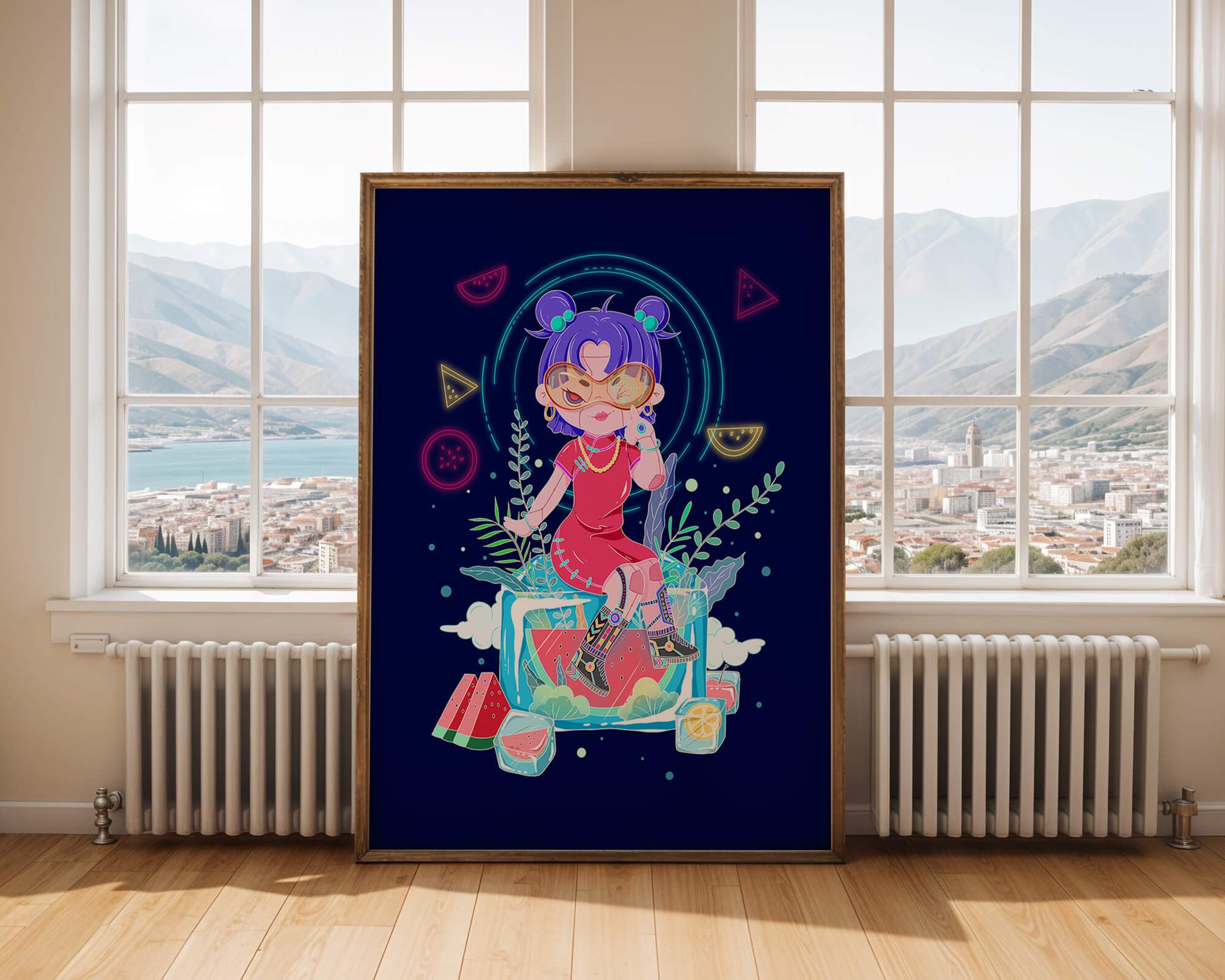 Personnage de dessin animé coloré avec des éléments futuristes