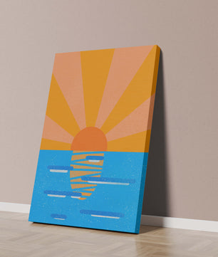 A vibrant sunrise illustration over the ocean with colorful rays