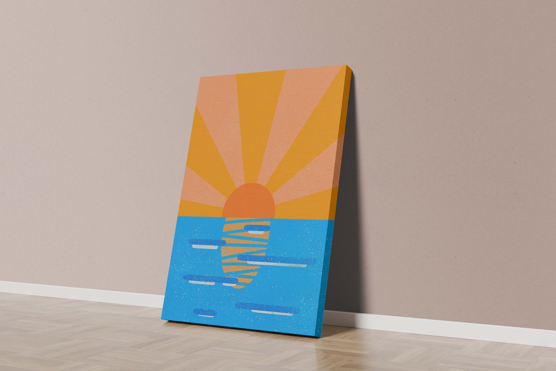 A vibrant sunrise illustration over the ocean with colorful rays