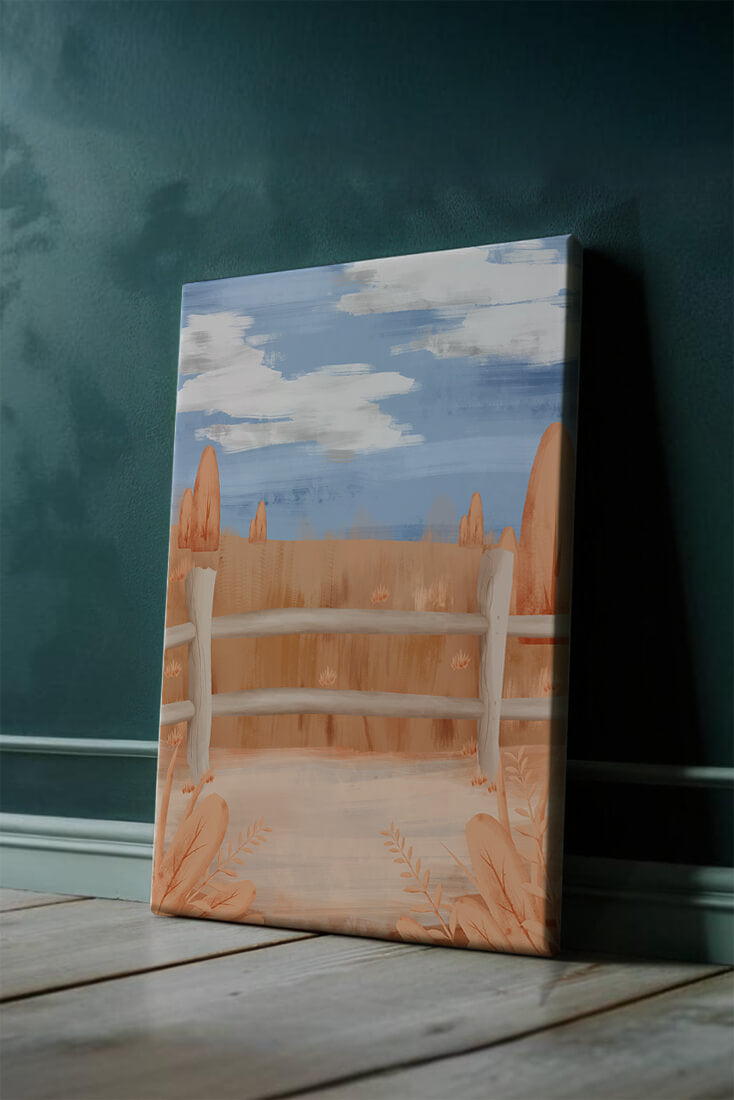 Paisaje otoñal sereno con cerca de madera y cielo azul