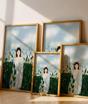 Femme en manteau blanc parmi les fleurs jaunes