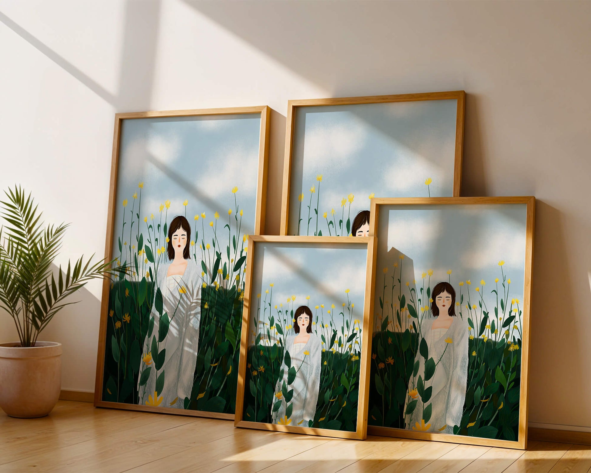 Mujer con abrigo blanco entre flores amarillas