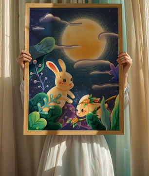 Charming illustration of rabbits under a full moon in a vibrant night garden