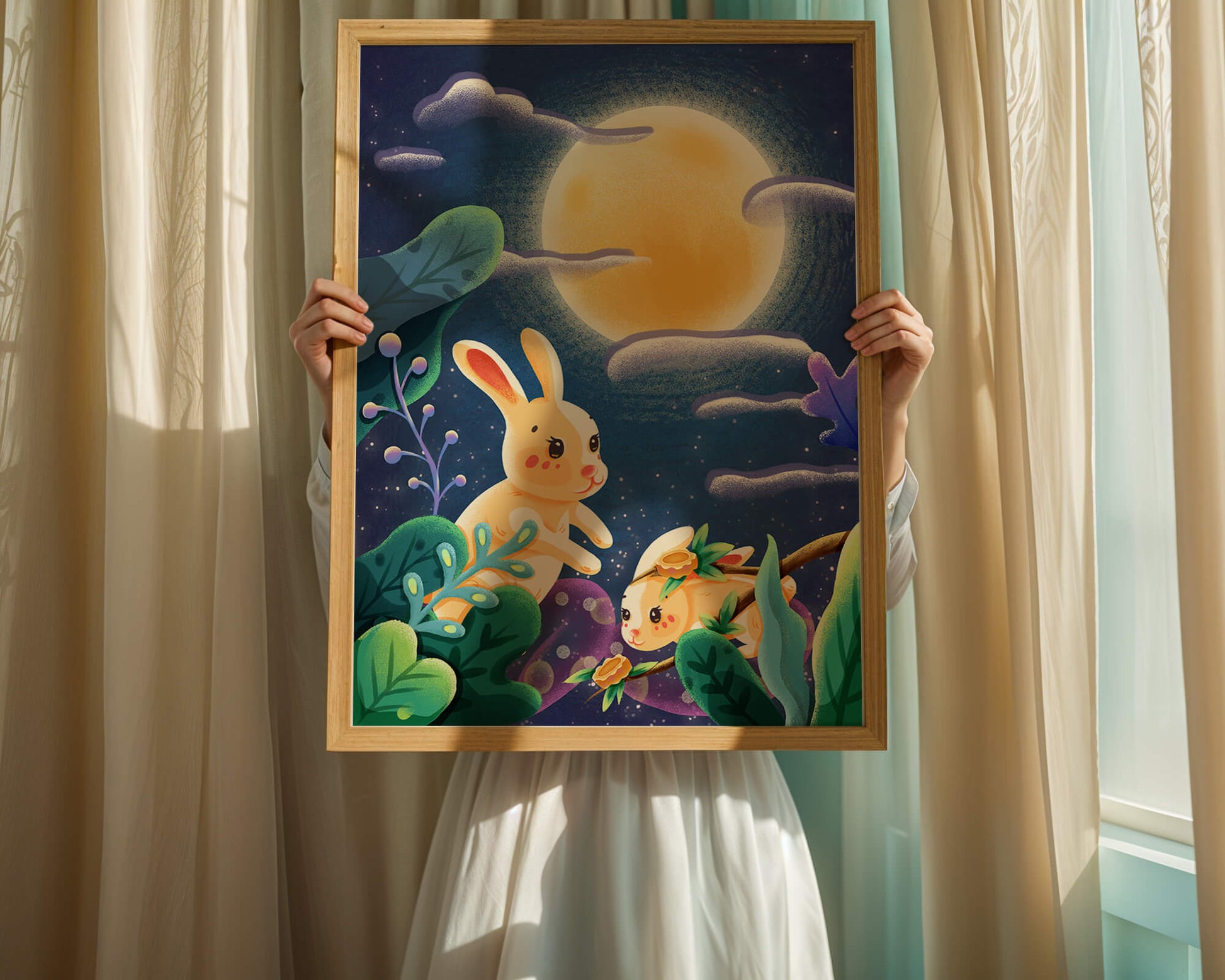 Charming illustration of rabbits under a full moon in a vibrant night garden