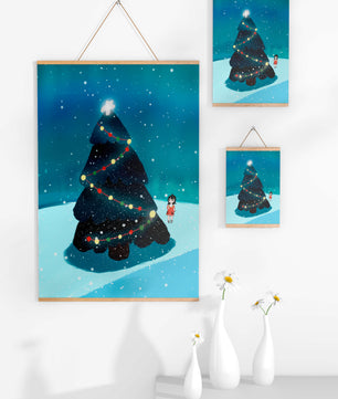 Winter scene with decorated Christmas tree and snowfall