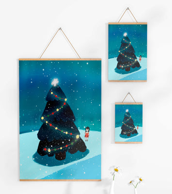 Winter scene with decorated Christmas tree and snowfall
