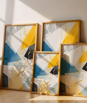 Abstract Geometric Art with Gold Accents in Blue, Yellow, and Gray - Mi tienda