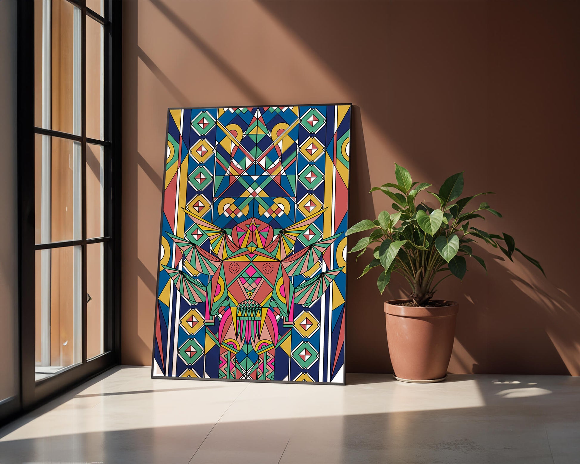 Arte abstracto geométrico colorido con patrones simétricos