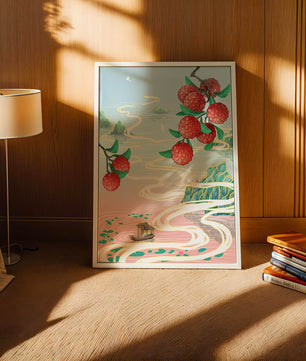 Idyllic Landscape with Lush Lychee Branches and Serene Waterscape