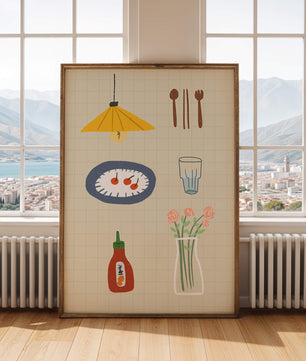 Artículos de cocina ilustrados que incluyen lámpara, utensilios y flores