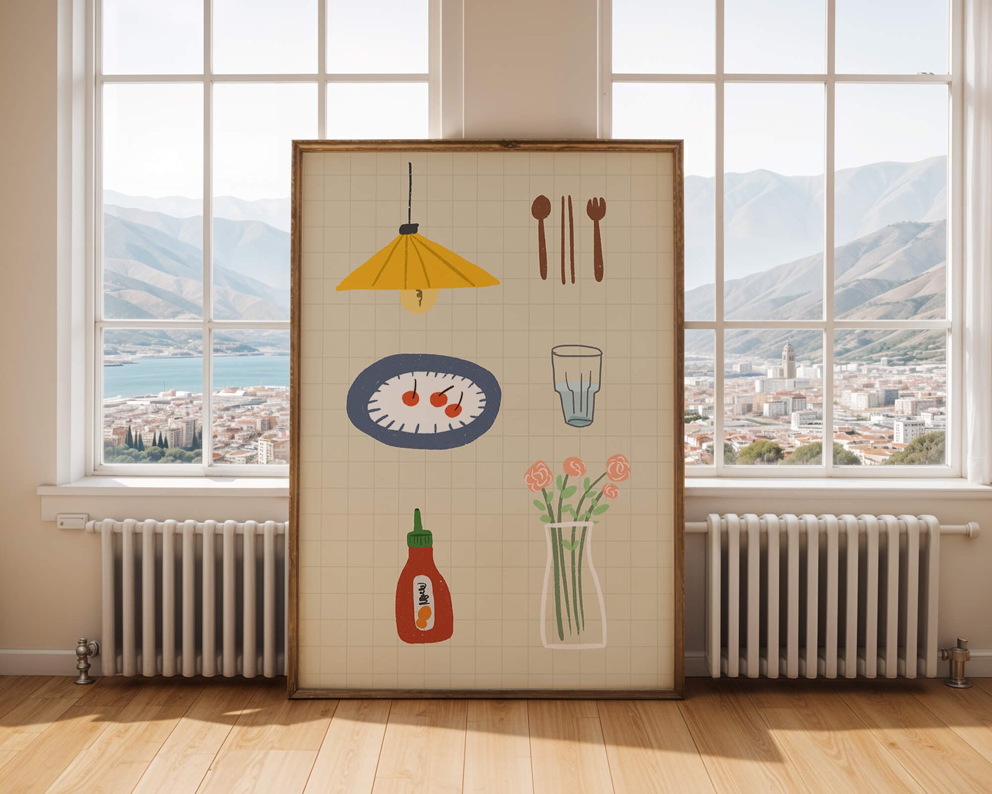 Artículos de cocina ilustrados que incluyen lámpara, utensilios y flores