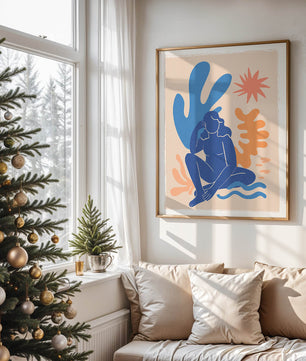Abstract Illustration of a Blue Silhouette Woman with Organic Shapes
