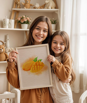 Watercolor depiction of a ripe mango with leaves on textured background