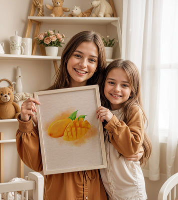 Watercolor depiction of a ripe mango with leaves on textured background