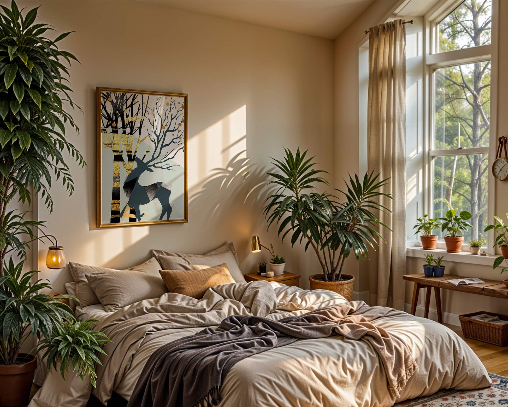 Abstract Deer Silhouette with Golden Accents and Trees