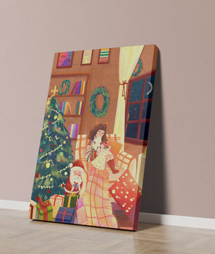 Cozy Christmas scene with tree, gifts, and a child by the window