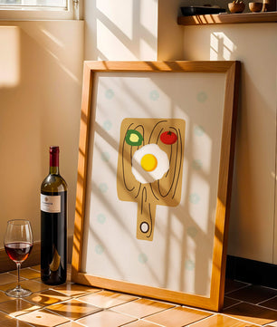 Ilustración de una escena de desayuno con huevo, aguacate y tomate sobre tabla de madera