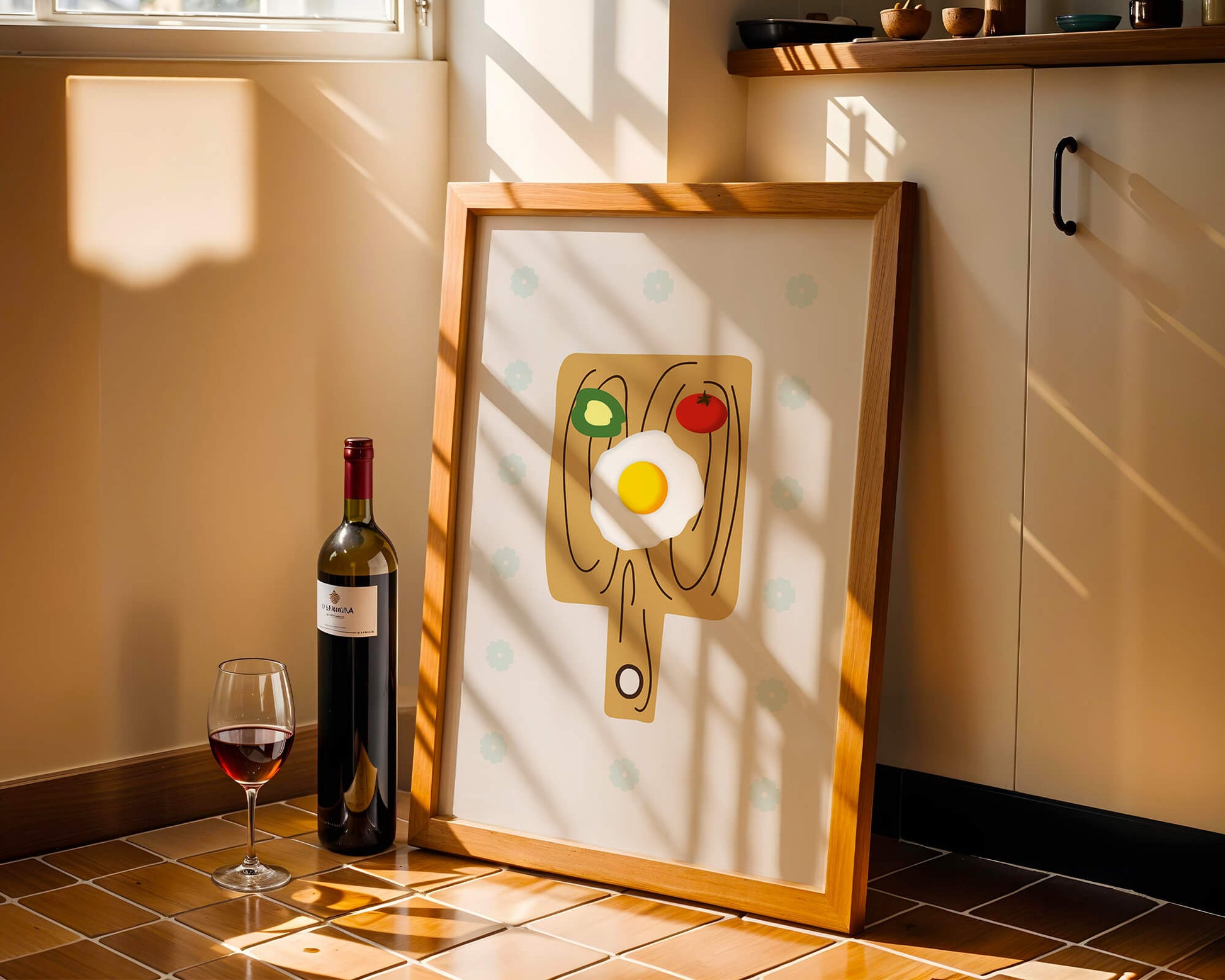 Ilustración de una escena de desayuno con huevo, aguacate y tomate sobre tabla de madera
