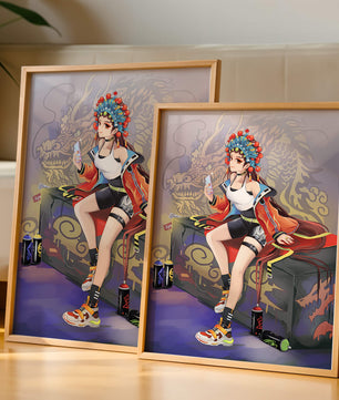 Anime art of a girl in traditional attire with urban elements