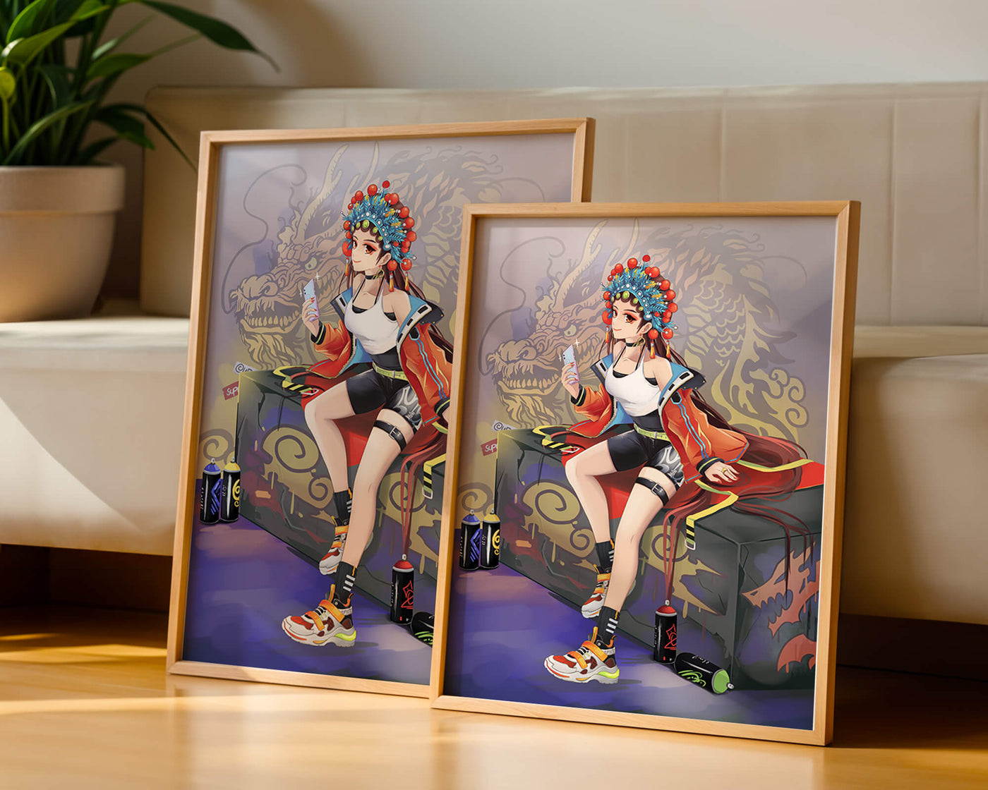 Anime art of a girl in traditional attire with urban elements