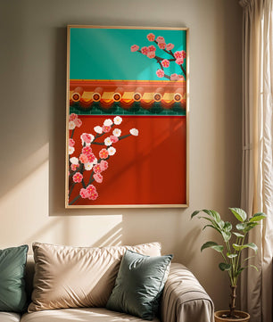 Arquitectura asiática tradicional con cerezos en flor