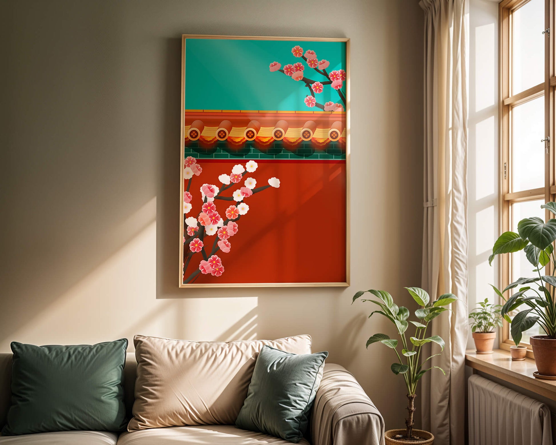 Traditional Asian architecture with cherry blossoms