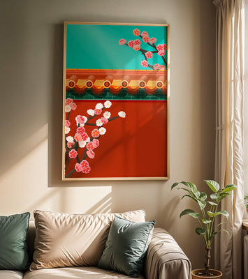 Traditional Asian architecture with cherry blossoms