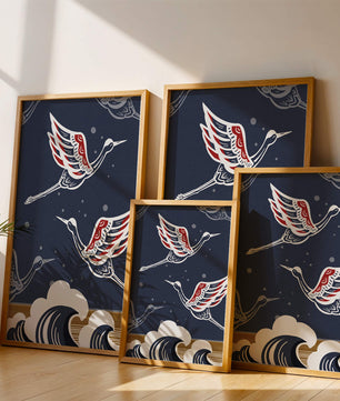 Illustrative cranes flying over ocean waves with dark background