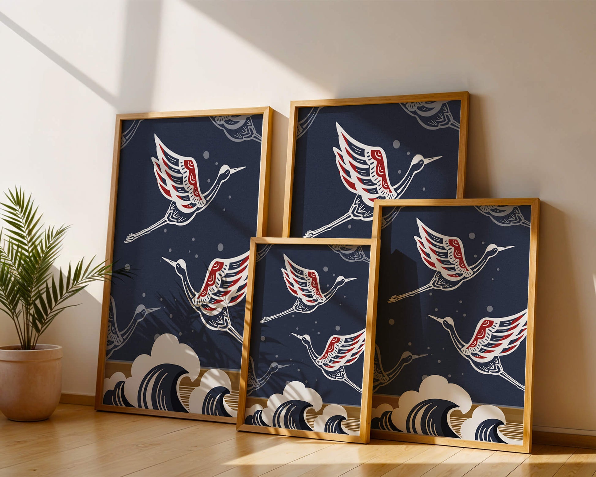 Illustrative cranes flying over ocean waves with dark background