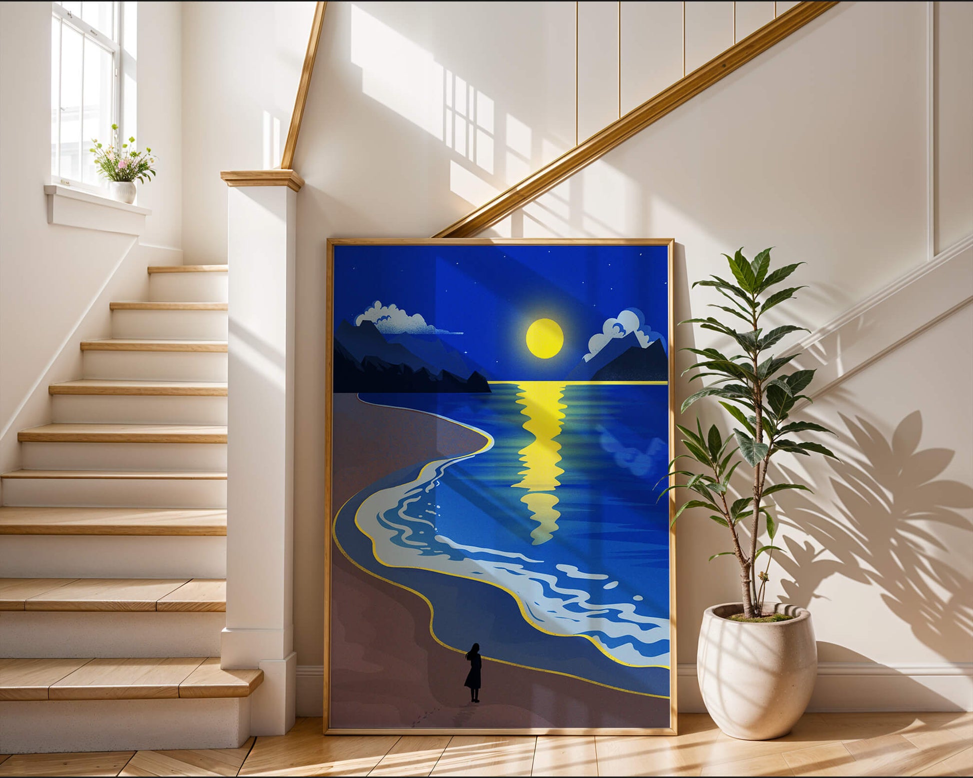 Moonlit Beach with Mountains and Reflections Under Night Sky