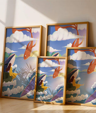 Escena onírica con vida marina y figura flotante en el cielo