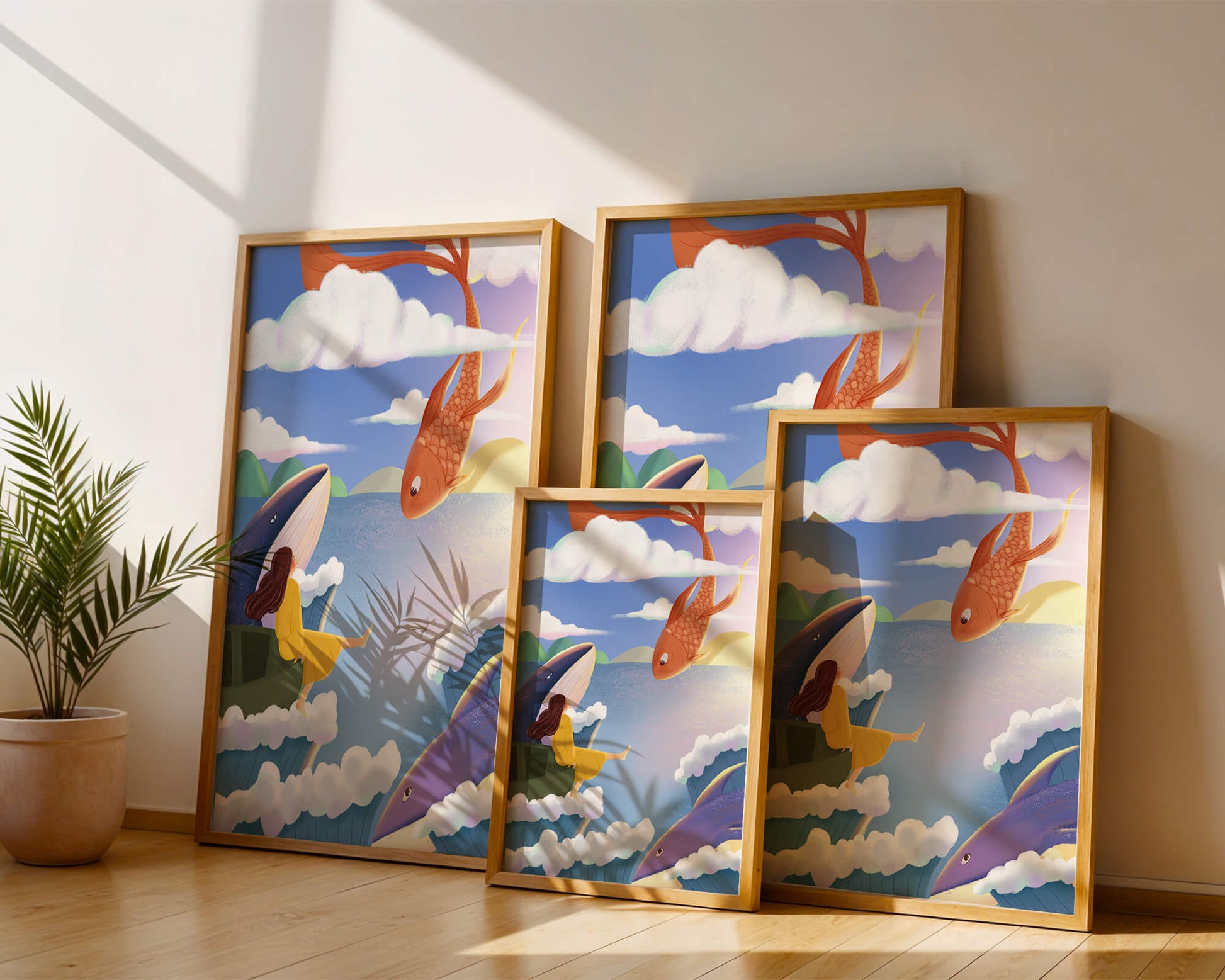 Dreamlike scene with marine life and floating figure in the sky
