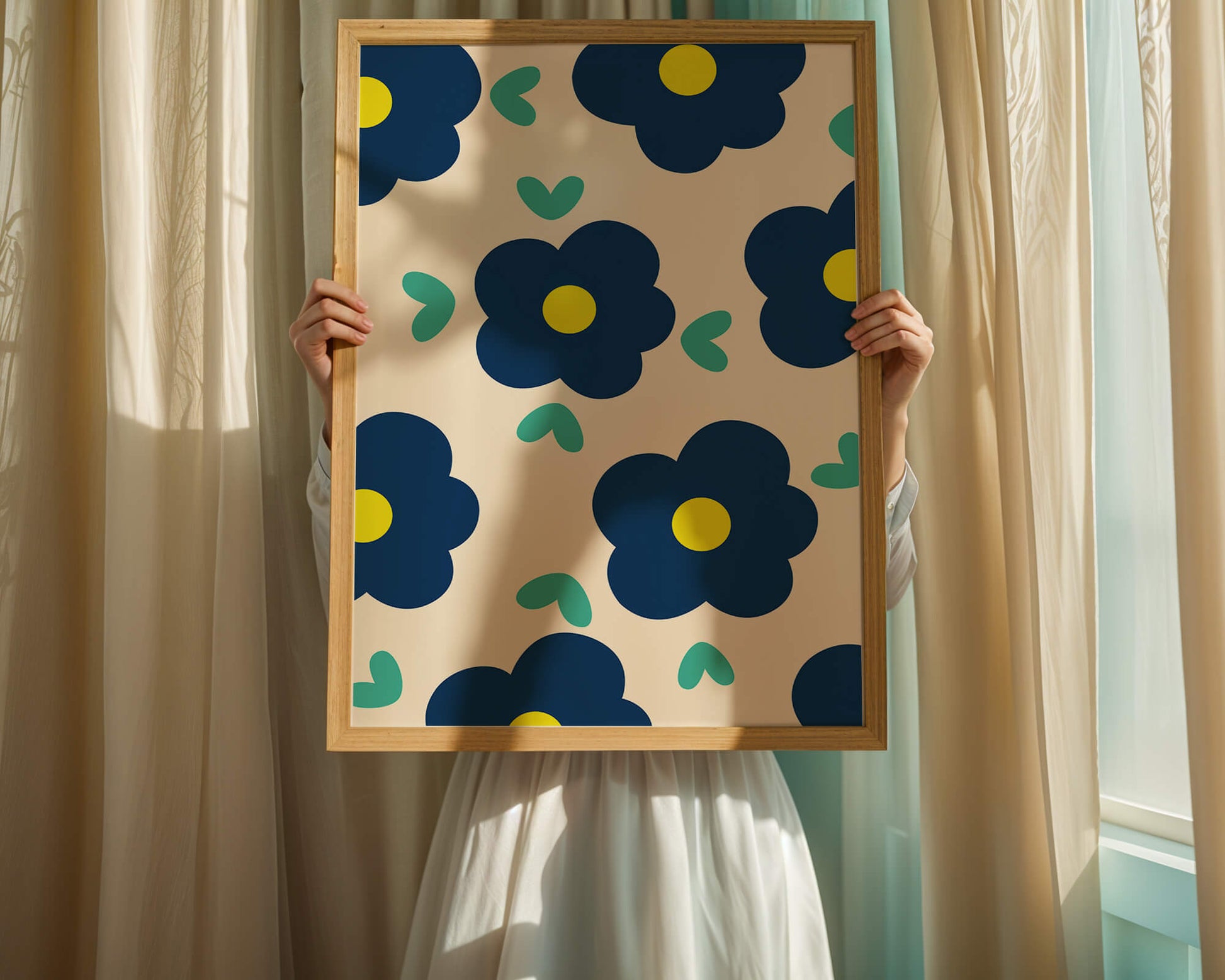 Blue floral pattern with yellow centers on cream background